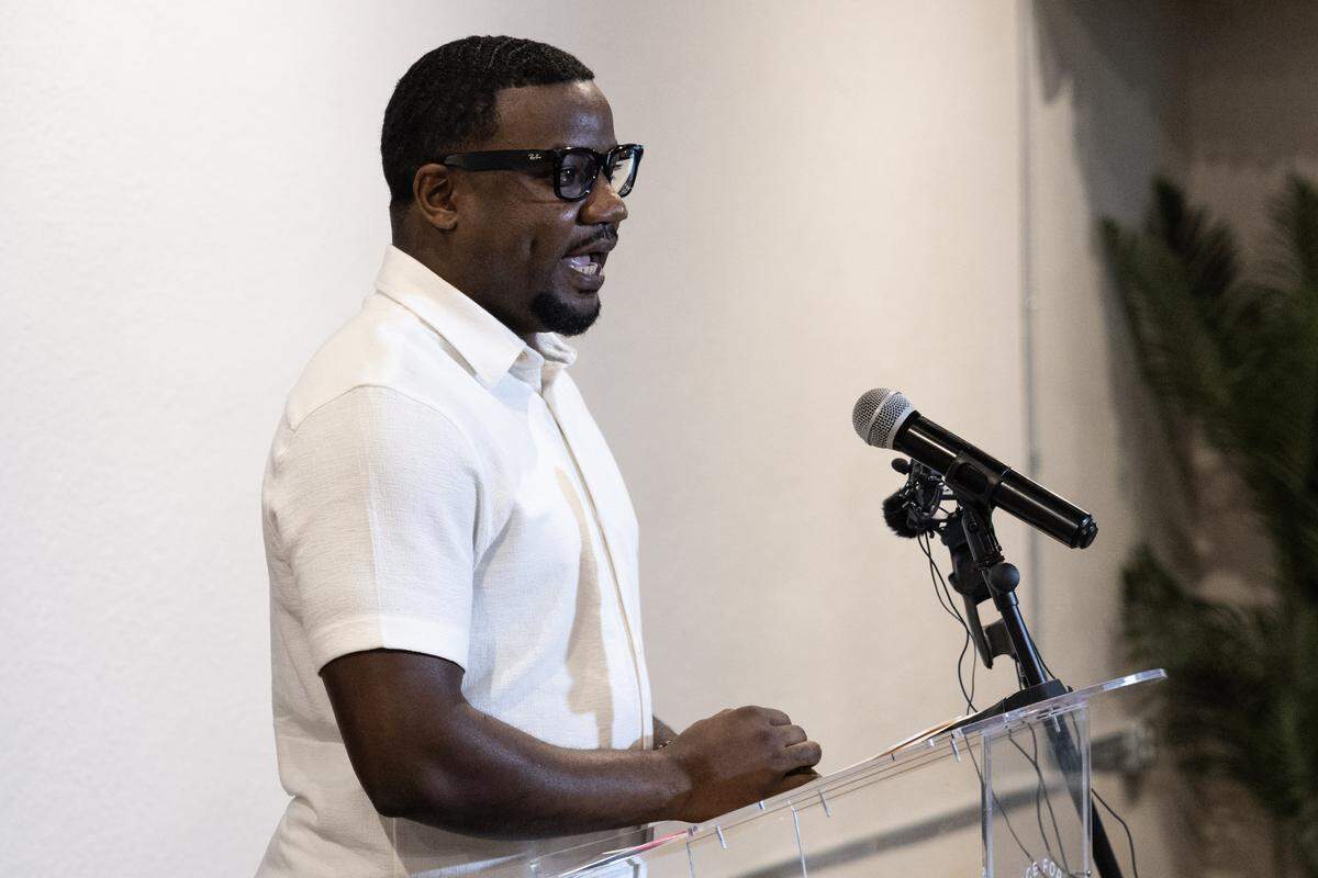 Dominique Alexander, the President of Next Generation Action Network, speaks to the media gathered for a news conference regarding the Texas Education Agency’s takeover of Fort Worth ISD.