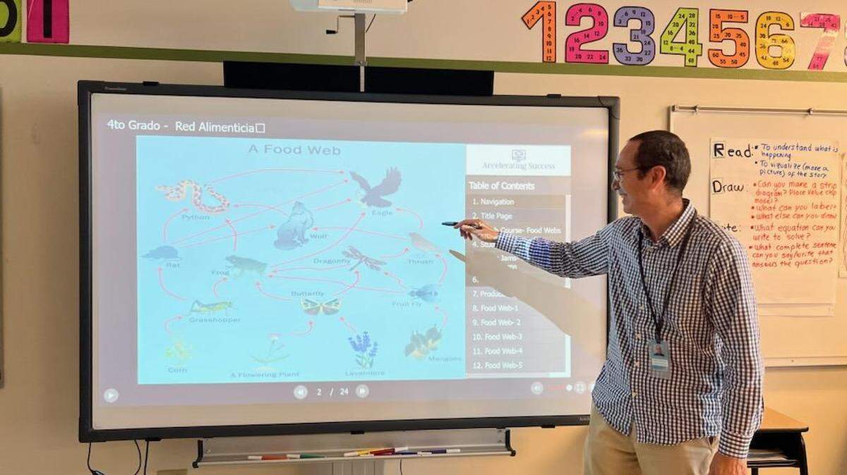 A teacher stands in front of a Smartboard, pointing at features of a food web diagram.