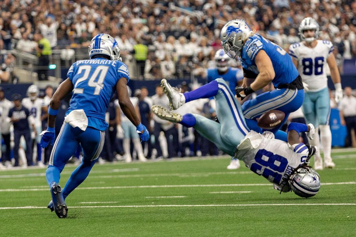Dallas Cowboys wide receiver Noah Brown loses possession of the ball to the Detroit lions at the AT&T Stadium in Arlington on Sunday, Oct. 23, 2022.