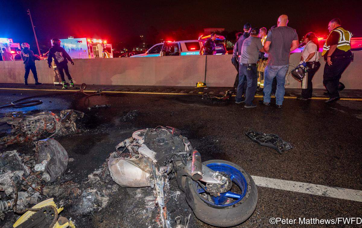 Seventeen people were injured when about 15 motorcycles crashed and caused a fire in the southbound express lanes of Interstate 35W in far north Fort Worth on April 18, authorities said.