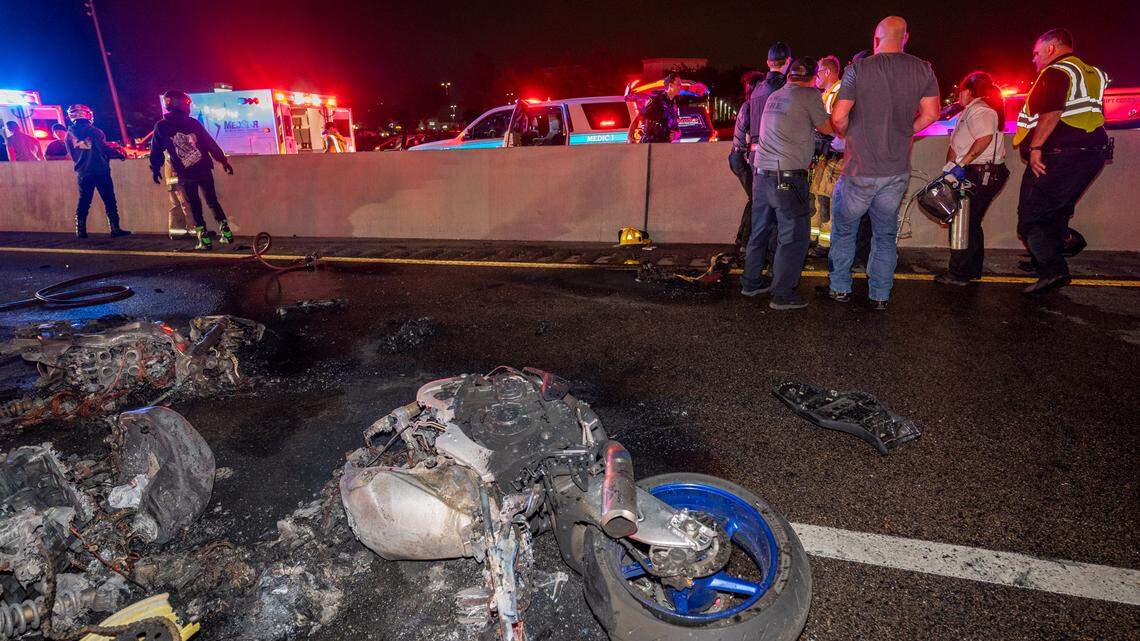 Seventeen people were injured when about 15 motorcycles crashed and caused a fire in the southbound express lanes of Interstate 35W in far north Fort Worth on Friday night, April 18, authorities said.