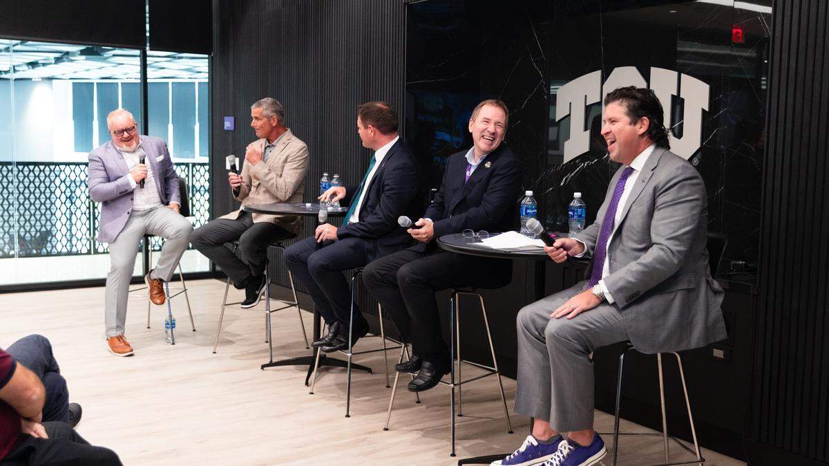 TCU athletics broadcaster Brian Estridge, far left, leads a discussion with (from left to right) TCU Athletic Director Mike Buddie, Irish Deputy Foreign Minister Neale Richmond, former Aer Lingus CEO Stephen Kavanagh and TCU Chancellor Daniel Pullin. The Irish delegation visited TCU on Oct. 3, 2025, to discuss TCU’s appearance in the 2026 Aer Lingus College Football Classic.