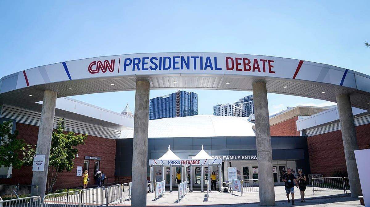Georgia Tech’s McCamish Pavilion one day prior to the CNN Presidential Debate between President Joe Biden and former President Donald Trump held at CNN’s studios in Atlanta. CNN Anchors Jake Tapper and Dana Bash are moderators of the debate on Jun 26, 2024.
