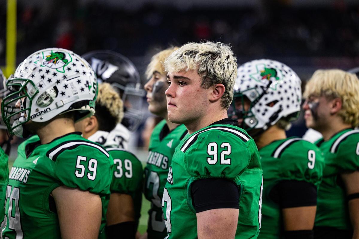 Southlake defensive lineman Jackson Oakley (92) reacts to losing the UIL 6A Division II championship game against Austin Vandergrift at AT&T Stadium in Arlington on Saturday, Dec. 21, 2024.