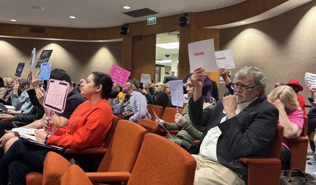 Tarrant County Commissioners Court meeting attendees raised signs critical of the grant application that read “Shame,” “ICE Sucks” and “WWJD?”