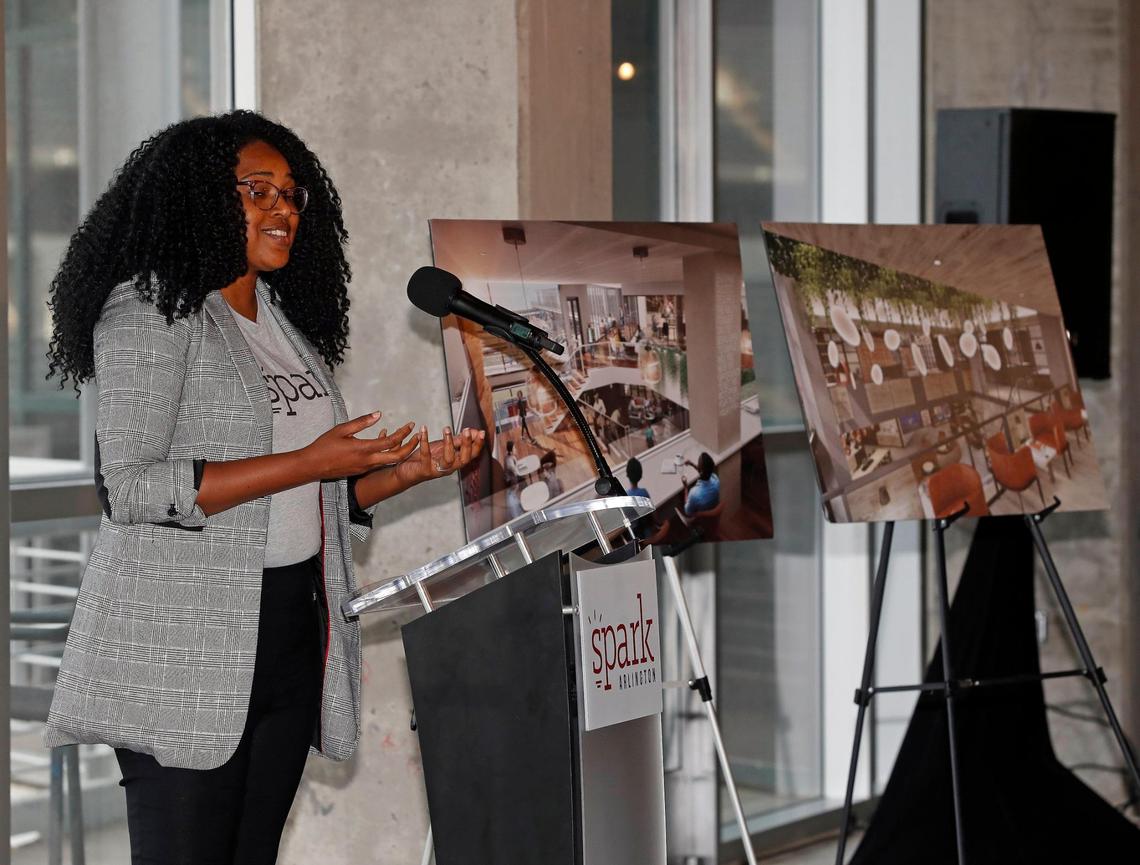Shervonne Cherry, director of Community and Partnerships, Cordish Coworking, announced Spark Arlington in Choctaw Stadium on Wednesday.
