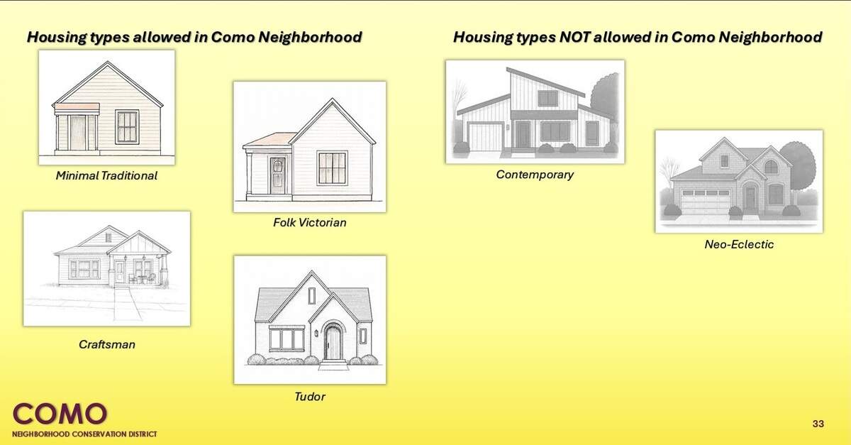 A slide from the city of Fort Worth showing how a conservation district could regulate which types of new residential construction are allowed in the Lake Como neighborhood.