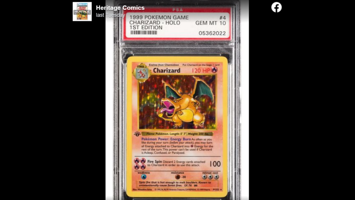 This first-edition Charizard No. 4 card sold for $336,000, according to an auction company headquartered in Texas.