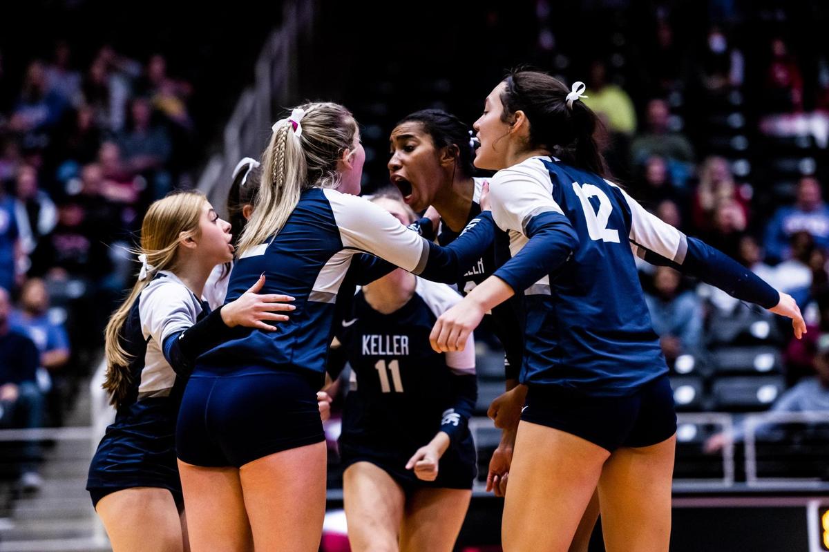 The Indians celebrate during the 6A UIL state semifinal between Keller and Katy Tompkins at the Curtis Culwell Center in Garland on November 18th, 2022.