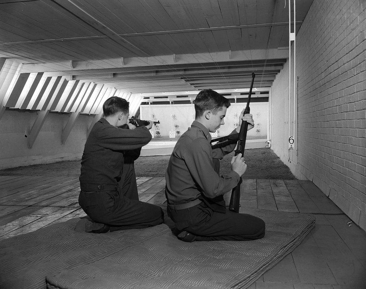 Feb. 7, 1950: Howard Jamieson, left, and Richard Steed, ROTC students, take positions at the firing line of Paschal High’s penthouse range on top the school building in Fort Worth.