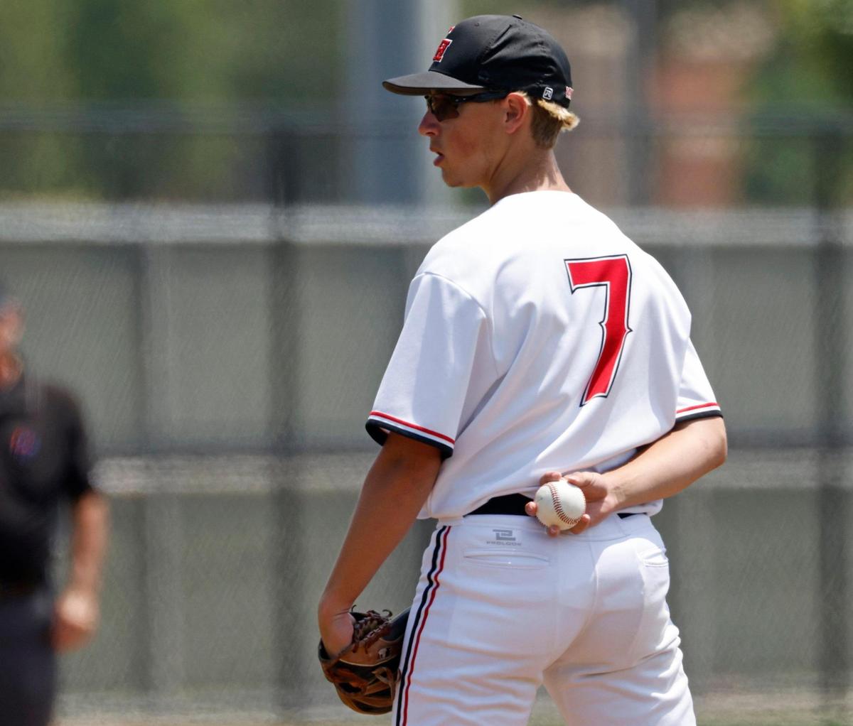 Colleyville Heritage pitcher Blake Sibley (7) takes over in the fourth during the UIL baseball regional final 5A D1 playoff game at Hawk Baseball Field in North Richland Hills, Texas, Thursday, May 22, 2025.