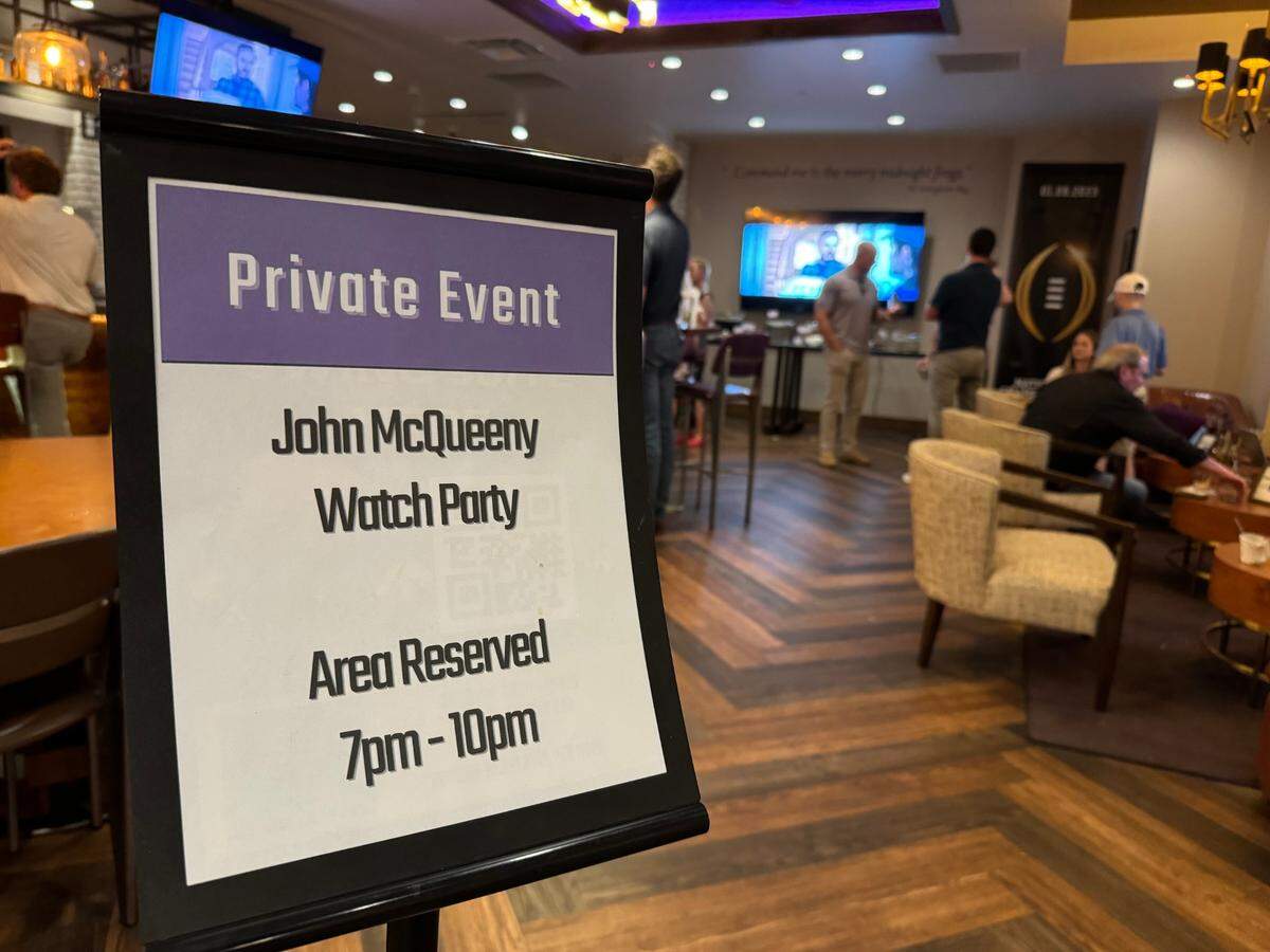 Texas House candidate John McQueeney sent wellwishers home about 11 p.m. from the Hyatt Place TCU bar on election night May 28, 2024. His name was misspelled on the reservation sign.