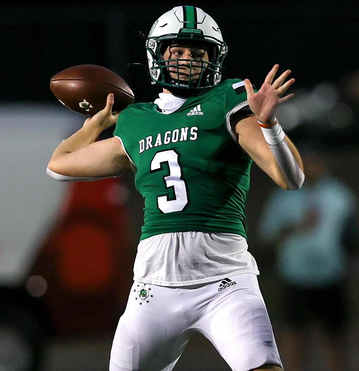 Southlake Carroll quarterback Quinn Ewers looks to pass down field against Rockwall Heath during the first half of a High School Football game, Friday night, October 2, 2020 played at Dragon Stadium in Southlake, TX. (Steve Nurenberg Special to the Star-Telgram)