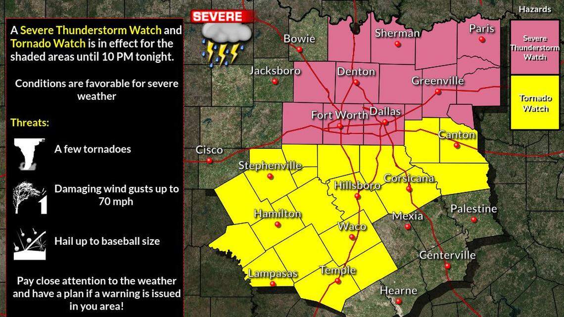 The National Weather Service issued a severe thunderstorm watch for 15 North Texas counties on Wednesday night, with other counties under a tornado watch.