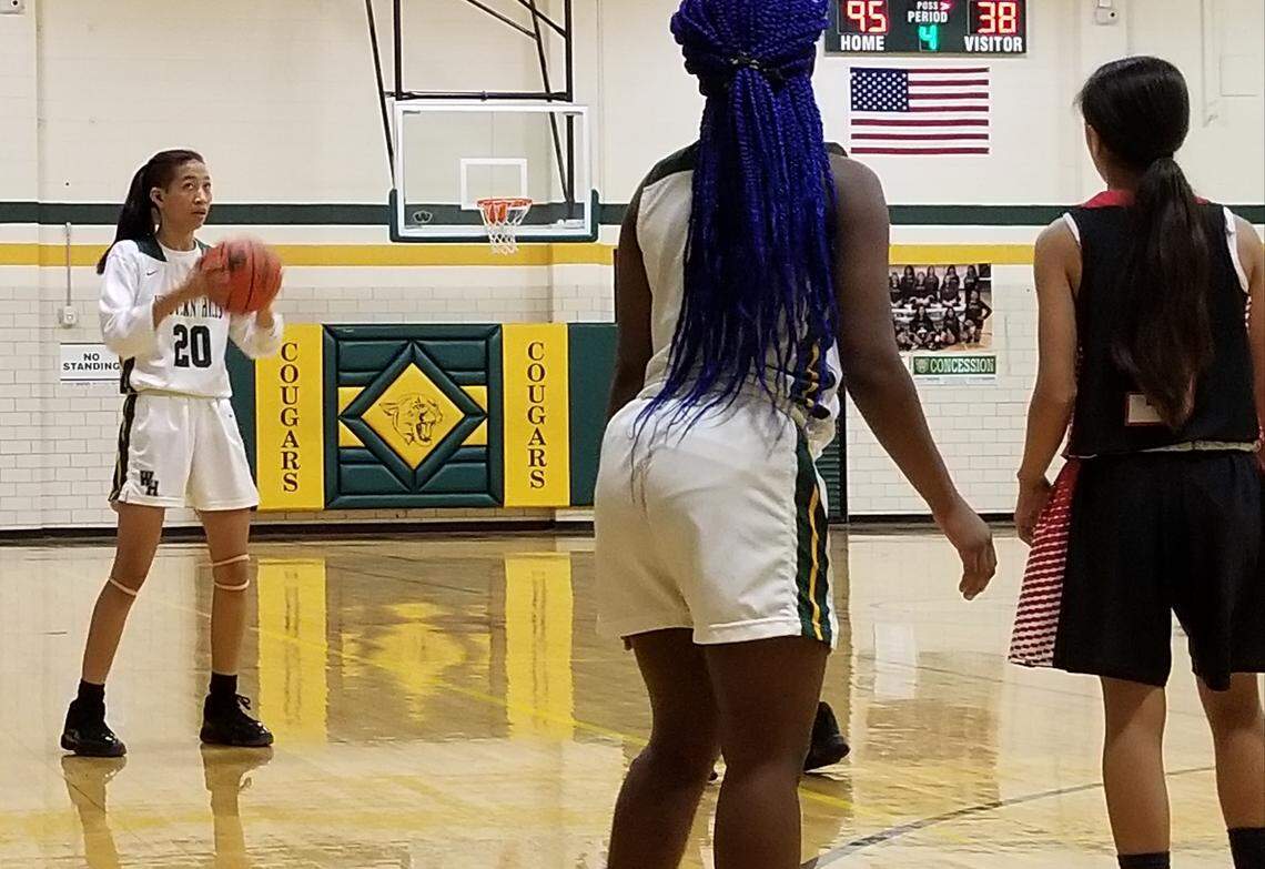 Western Hills senior Carmen Rosales holds the ball to help run out the clock in the Cougars’ 95-38 win over Diamond Hill-Jarvis on Tuesday, Feb. 11, 2020 at Western Hills High School.