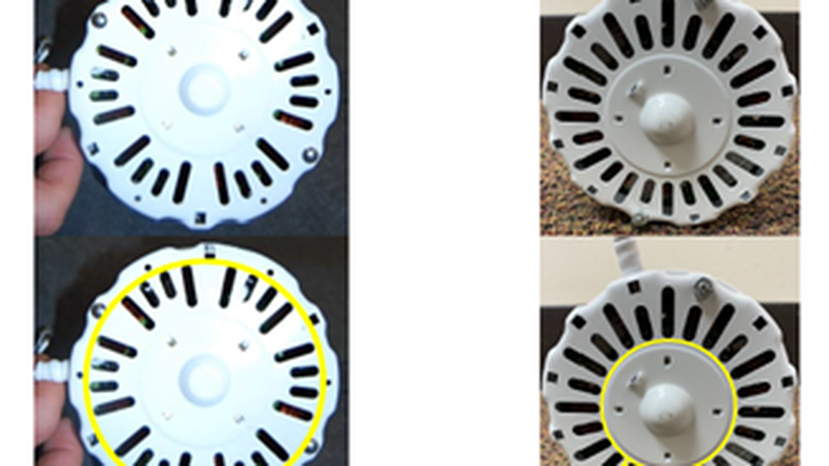 Recalled electric motor vents (depicted on the left) align on the outer ring of the motor end bell, as highlighted in yellow. Unaffected motor vents (depicted on the right) align on the inner ring of the motor end bell, as highlighted in yellow.