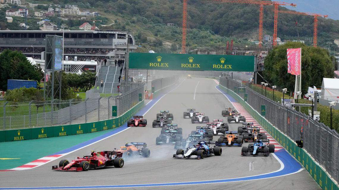 Drivers take the start during the Russian Formula One Grand Prix at the Sochi Autodrom circuit, in Sochi, Russia, on Sept. 26, 2021. Russia has been stripped of hosting the Champions League final by UEFA with St. Petersburg replaced by Paris and Formula One dropped this season’s Russian Grand Prix at Sochi as the invasion of Ukraine drew punitive measures in the sporting world.