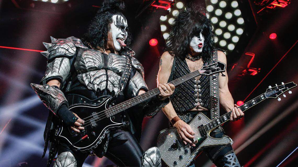 Gene Simmons, left, and Paul Stanley, the two remaining founders of the band Kiss, played a hits-filled, two-hour show Friday at a mostly filled Dickies Arena in Fort Worth.