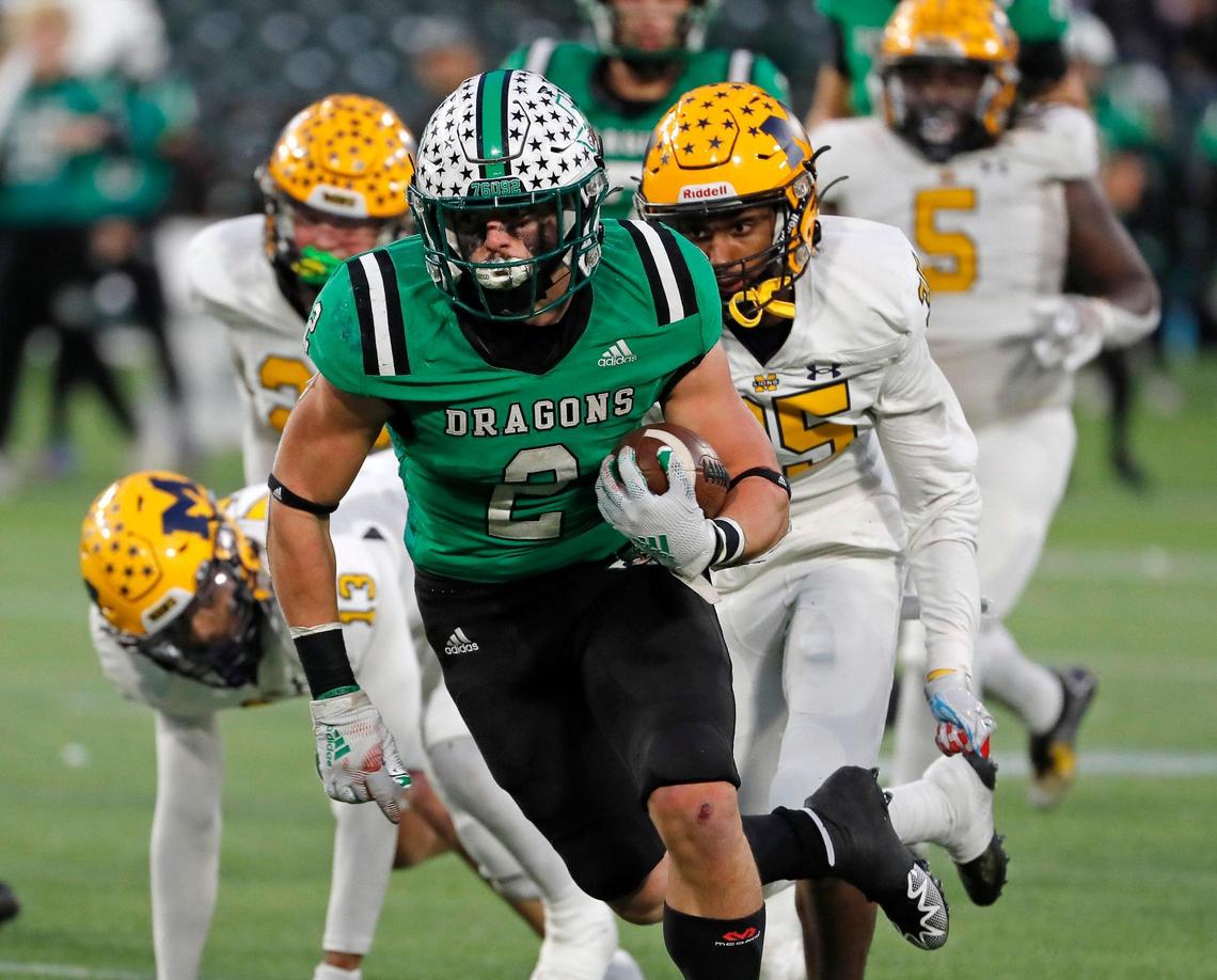 Southlake Carroll running back Owen Allen (2) takes off up field in the second half of Class 6A D2 regional semi-finals football game at Choctaw Stadium in Arlington, Texas, Friday, Nov. 25, 2022. Carroll defeatrd McKinney 42-35 to move on to the regional finals. (Special to the Star-Telegram Bob Booth)