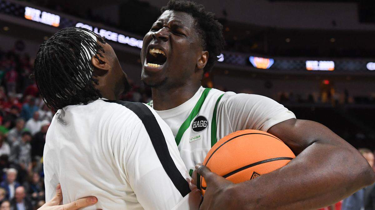 North Texas Mean Green forward Moulaye Sissoko (14) celebrates the victory against the Wisconsin Badgers at Orleans Arena in Las Vegas on Tuesday.