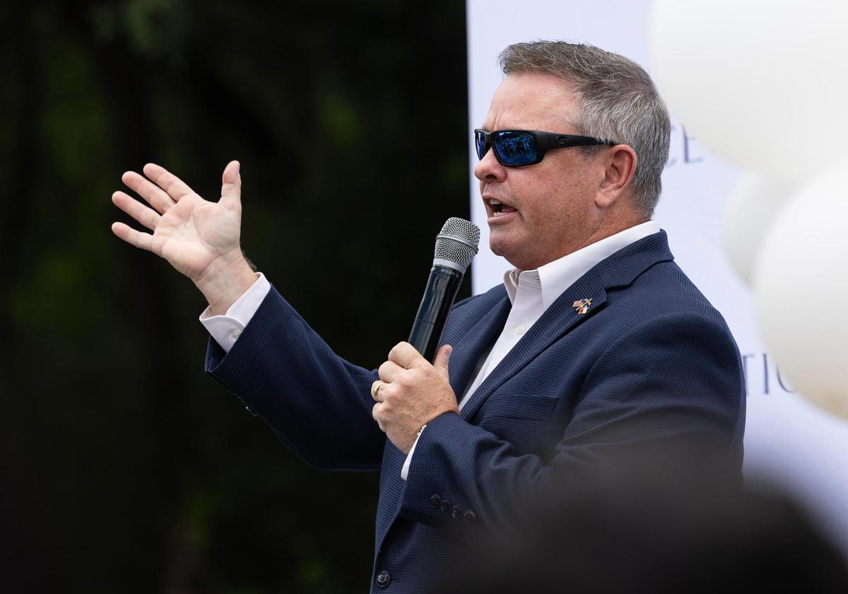 Tarrant County Judge Tim O’Hare speaks at the groundbreaking of Mercy Culture Church’s human trafficking victim shelter on Friday, May 9, 2025, in Fort Worth.