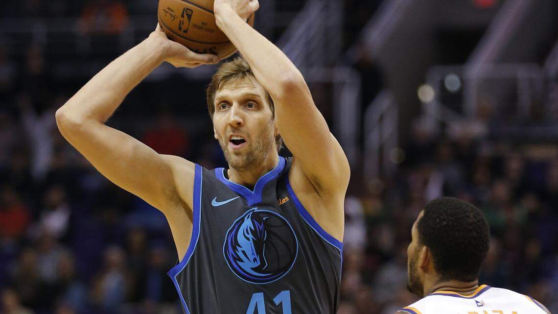 Dallas Mavericks forward Dirk Nowitzki (41) in the first half during an NBA basketball game against the Phoenix Suns, Thursday, Dec. 13, 2018, in Phoenix. (AP Photo/Rick Scuteri)