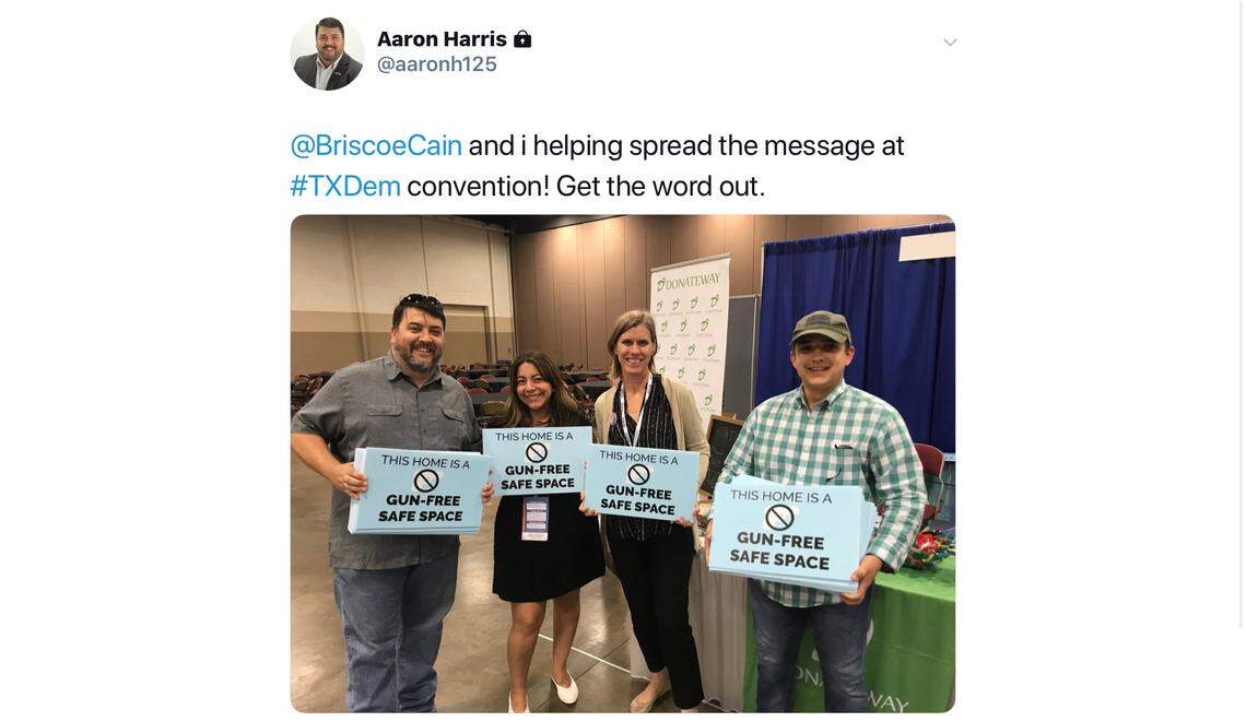 Political consultant Aaron Harris of North Richland Hills-based Direct Action Texas posted this photo on Twitter showing the mock signs distributed as a prank at the 2018 Texas state Democratic Party convention.