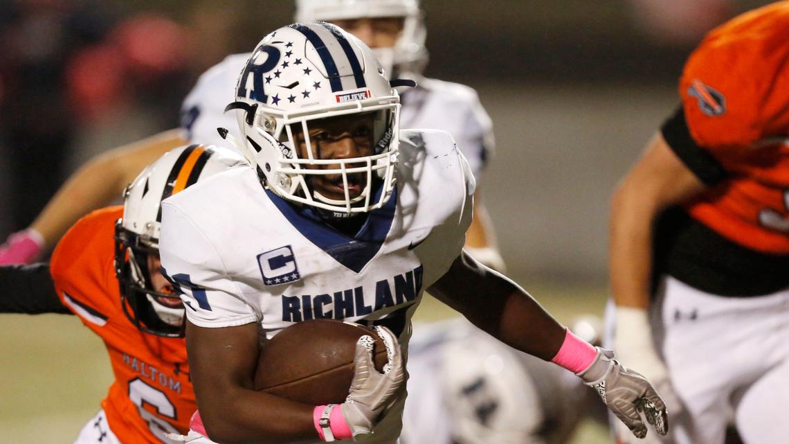 Richland’s Jaiden Feder (31) runs for a touchdown in the second quarter. The Richland Rebels played the Haltom Buffalos at Birdville FAAC stadium in North Richland Hills Friday, October 25, 2019.