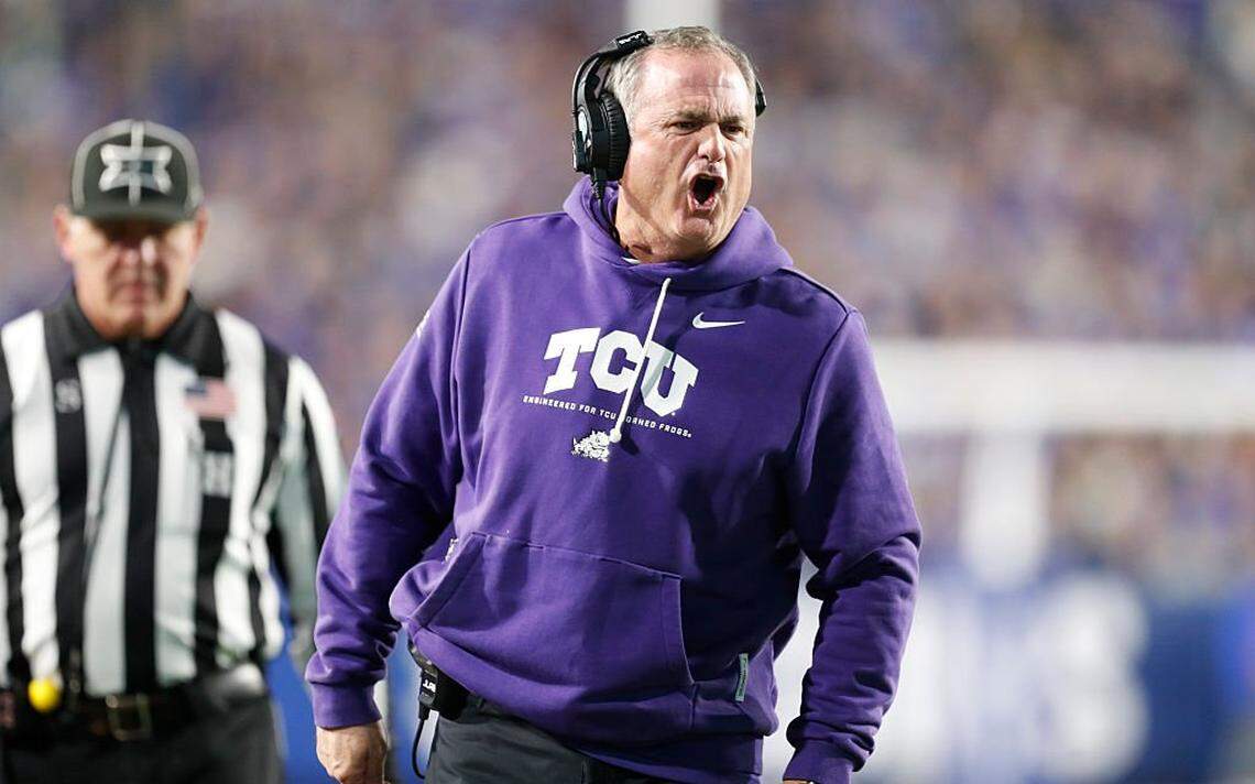 PROVO, UT - NOVEMBER 15: Head Coach Sonny Dykes of the Texas Christian University Horned Frogs shouts at an official during the first half of their game against the Brigham Young Cougars at LaVell Edwards Stadium on November 15, 2025 in Provo, Utah. (Photo by Chris Gardner/Getty Images)