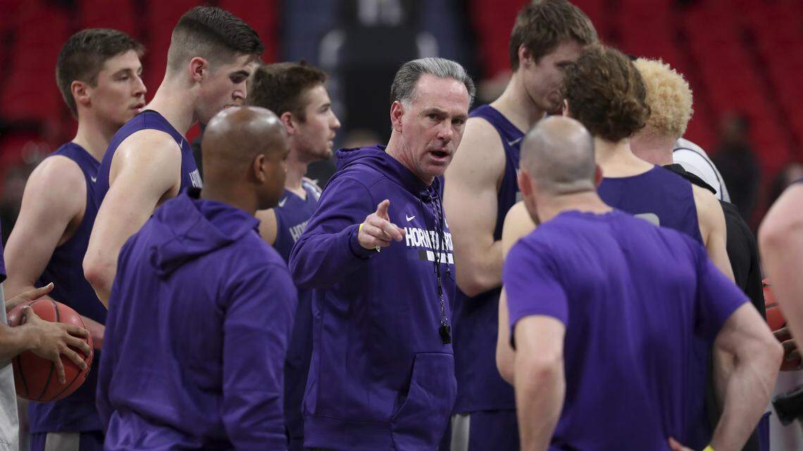 TCU head coach Jamie Dixon talks to the team after a practice session Thursday afternoon at Little Caesars Arena in Detroit.