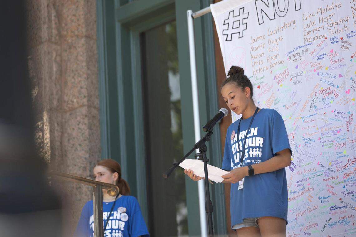 Student Gabby Price speaks at the March for Our Lives rally on Saturday, June 11, 2022, at the Tarrant County Courhouse in Fort Worth, Texas. Price urged the crowd to “march today and take action tomorrow,” advocating for local gun reform.