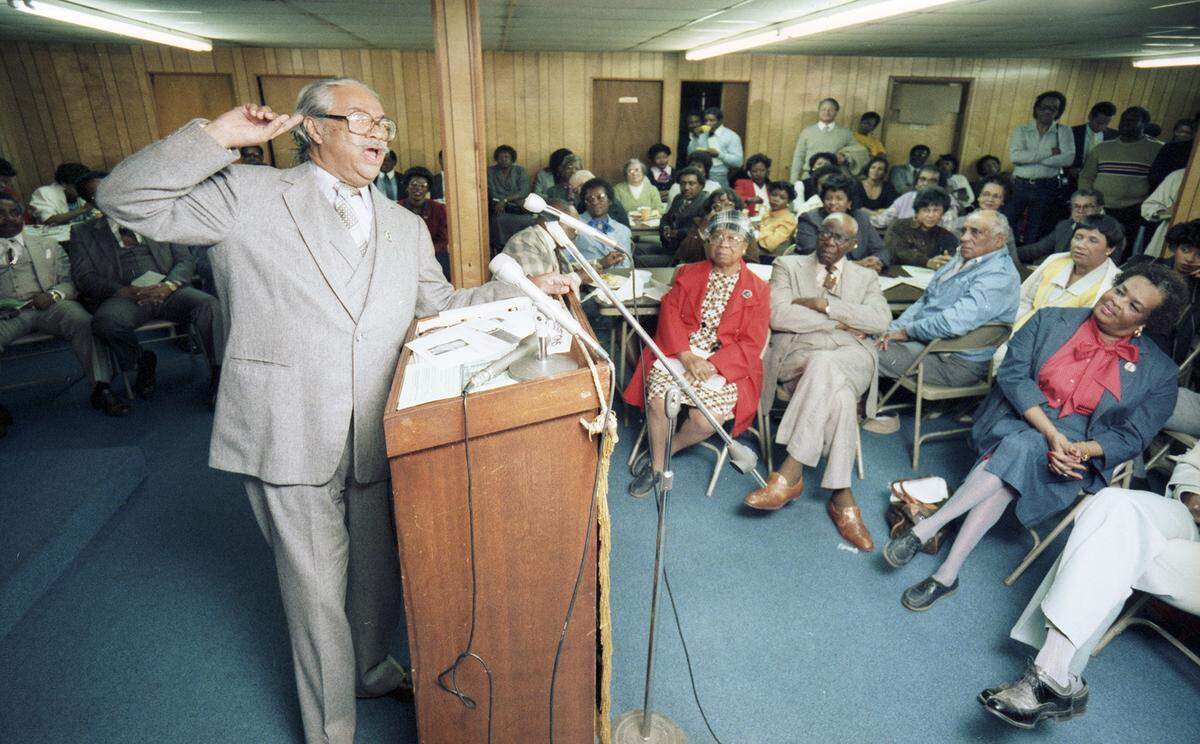 Jan. 15, 1986: Dr. Marion Brooks speaks after a march honoring Dr. Martin Luther King Jr.