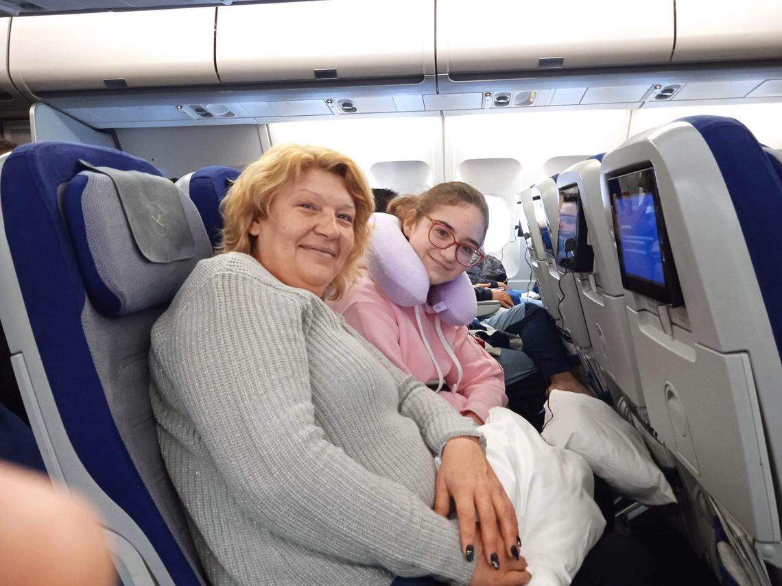 Tetiana Kholod (left) and her granddaughter, Lera Lytvynenko (right) on their way from Germany to Fort Worth.