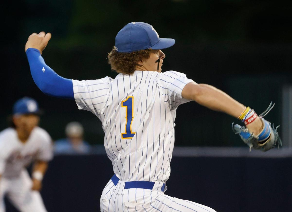 Brock pitcher Jesse Rusinek (1) works the second inning during a UIL 4A D2 semifinal baseball game at Dallas Baptist University’s Horner Ballpark in Dallas, Texas, Thursday, May 29, 2025.