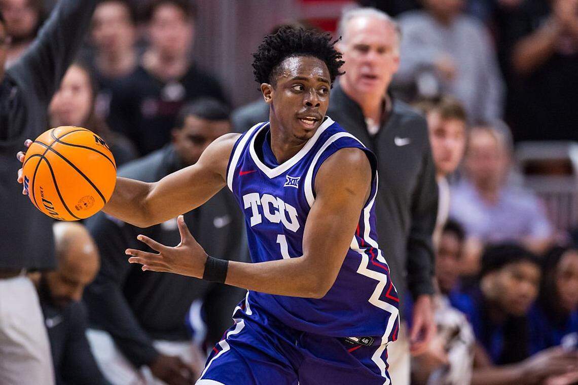 LUBBOCK, TEXAS - MARCH 03: Jayden Pierre #1 of the TCU Horned Frogs handles the ball during the first half of the game against the Texas Tech Red Raiders at United Supermarkets Arena on March 03, 2026 in Lubbock, Texas. (Photo by John E. Moore III/Getty Images)