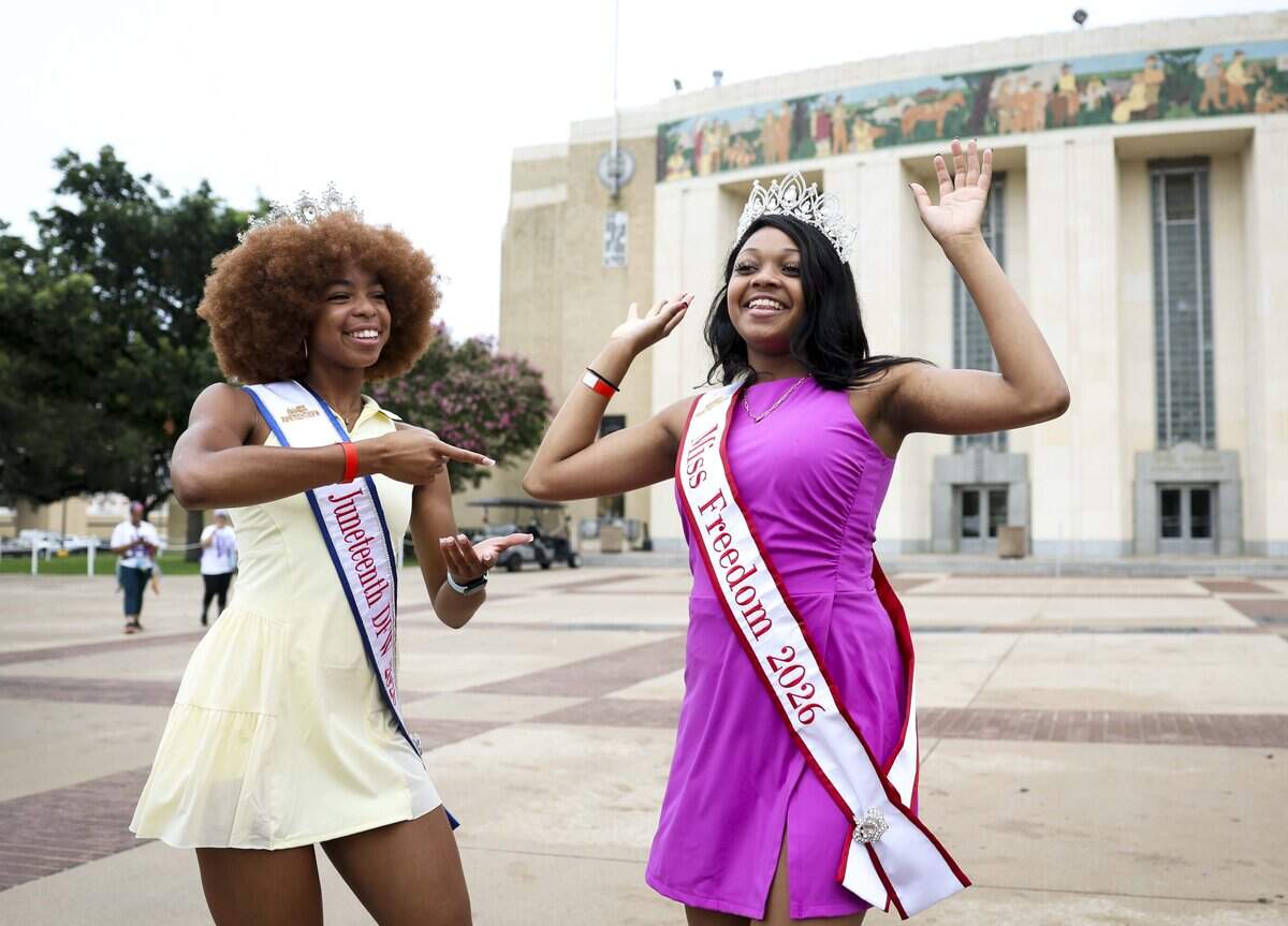 Miss Juneteenth DFW 2026 Iyana Schuman does a TikTok dance with Miss Freedom 2026 Morgan Alexander before the Opal Lee Walk for Freedom on Friday, June 19, 2026, in Fort Worth.