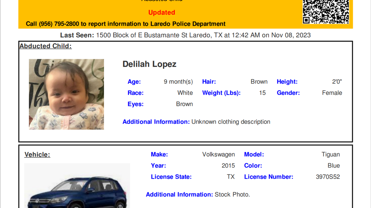 Laredo police say 9-month-old Delilah Lopez has been found unharmed. No arrests have been announced.