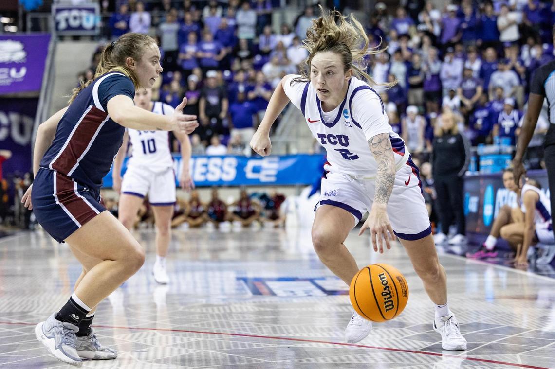TCU guard Madison Conner (3) drives past Fairleigh Dickinson guard guard Ava Renninger (4) in the second half of the first round of the Women’s NCAA Championships Tournament game between TCU and Fairleigh Dickinson at Schollmaier Arena in Fort Worth on Friday, March 21, 2025.