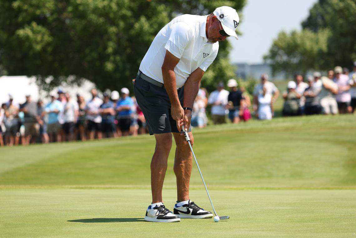 AUG 09, 2025; Bolingbrook, Illinois, USA; Phil Mickelson of the HyFlyers GC putts on first hole during the second round of the LIV Golf Chicago tournament at Bolingbrook Golf Club. Mandatory Credit: Melissa Tamez-Imagn Images