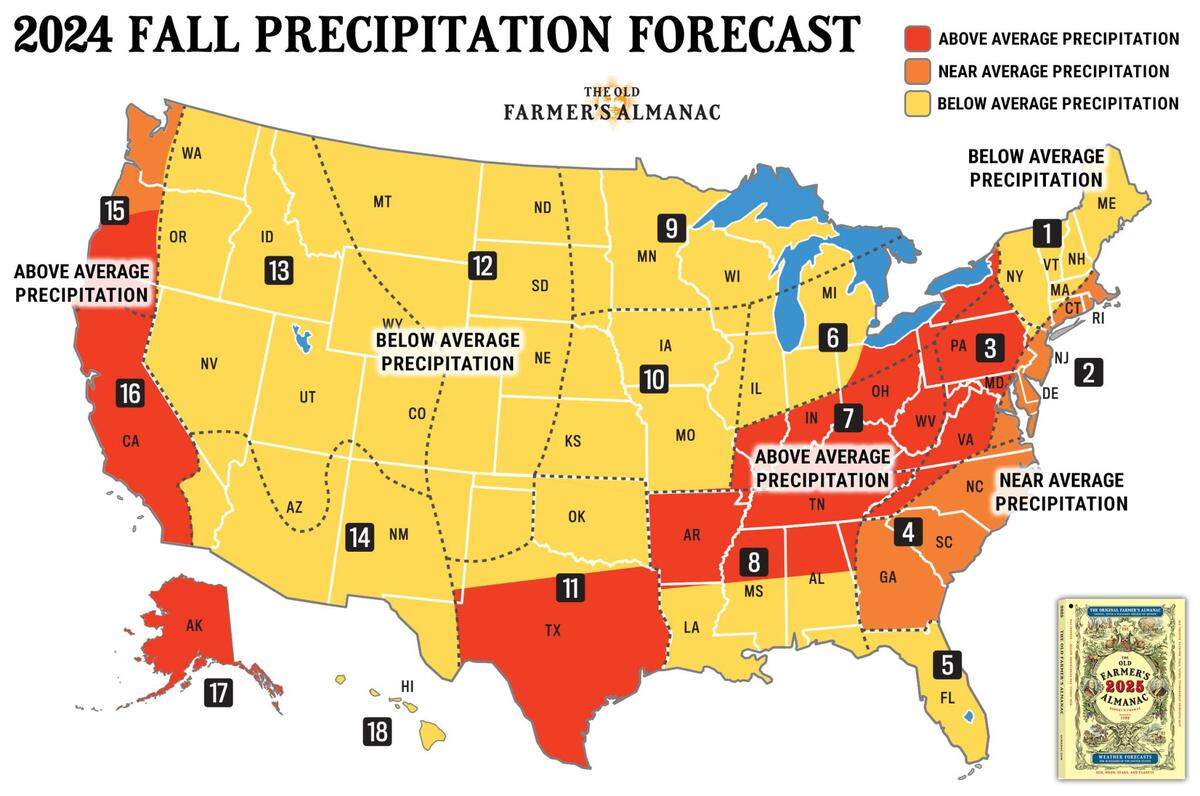 A map of the Old Farmer’s Almanac 2024 fall precipitation forecast.