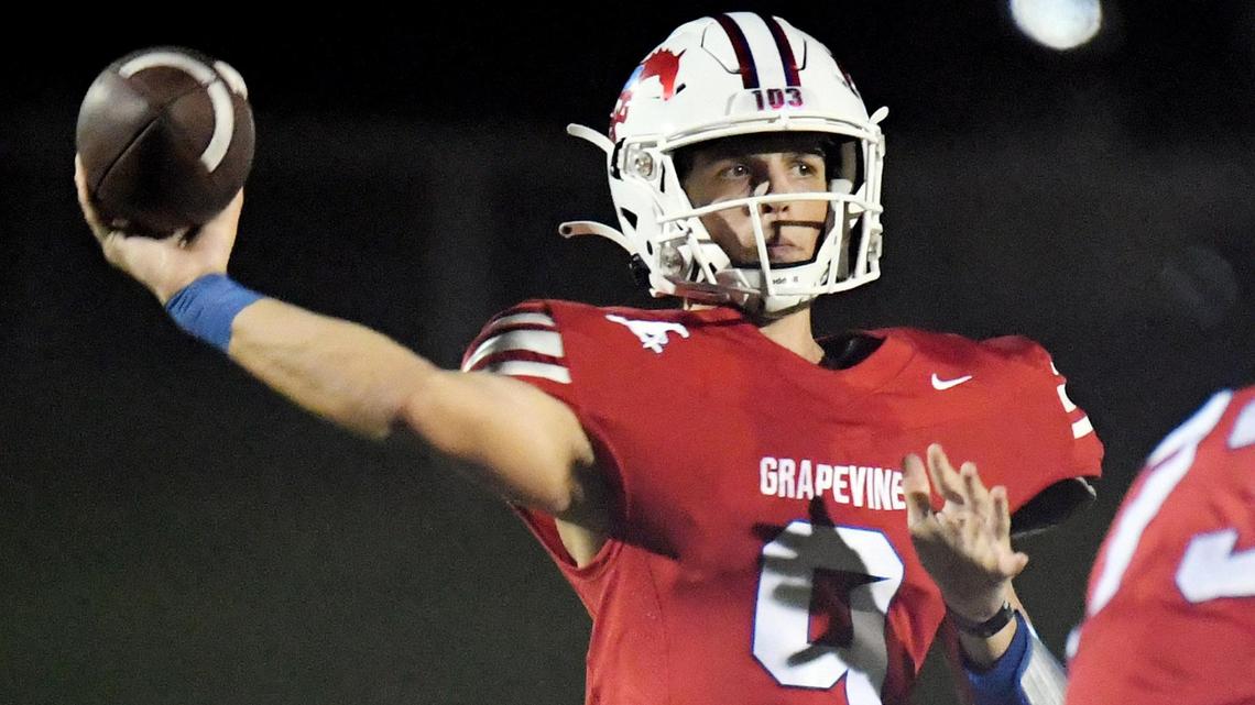 Grapevine quarterback Evan Baum throws for a first down near the goal line against Azle in the third quarter of Thursday’s September 1, 2022 football game at Mustang-Panther Stadium in Grapevine, Texas. Grapevine went on to win 58-14. Special/Bob Haynes