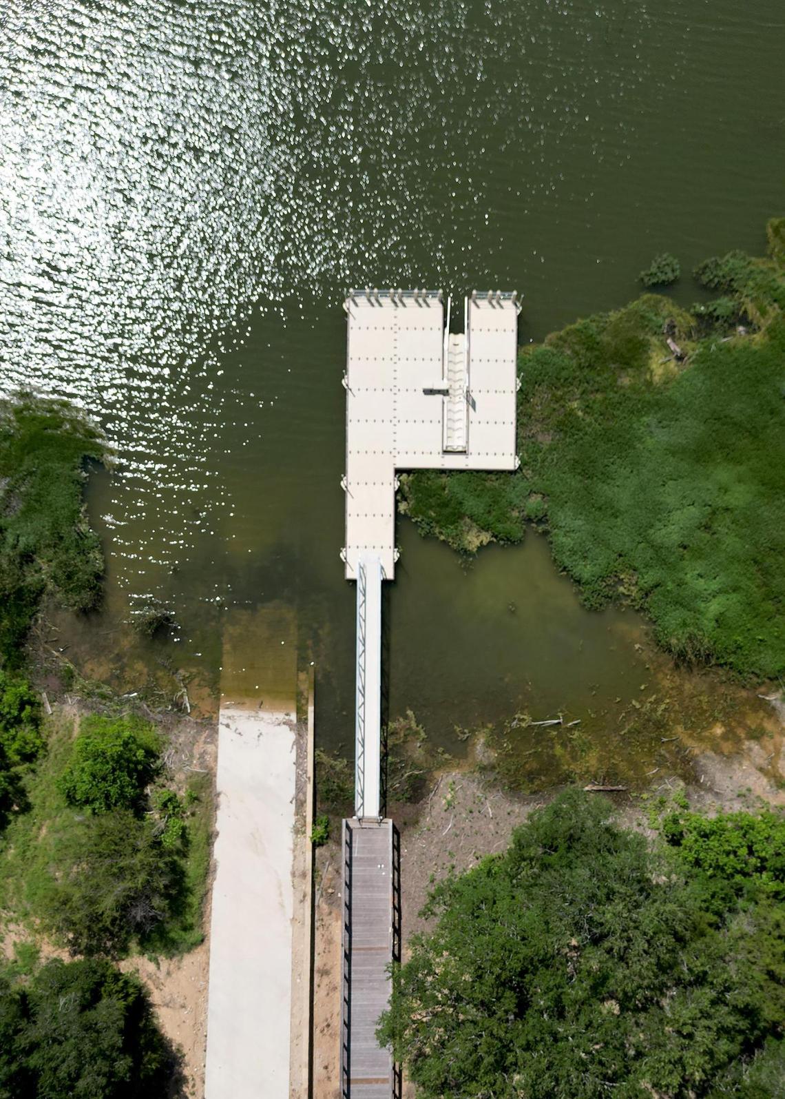 A floating dock at the future Palo Pinto Mountains State Park, scheduled to open in 2026.