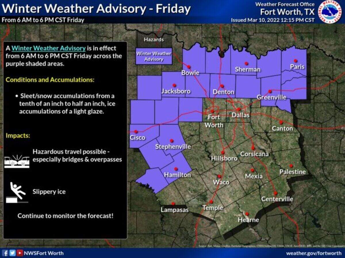 These North Texas counties are included in a winter weather advisory Friday, March 11, 2022, according to the National Weather Service in Fort Worth.