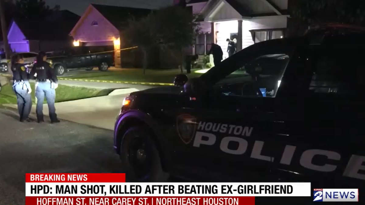 A woman’s friend shot and killed her ex-boyfriend as he was assaulting her at a home in Houston, Texas, police say.