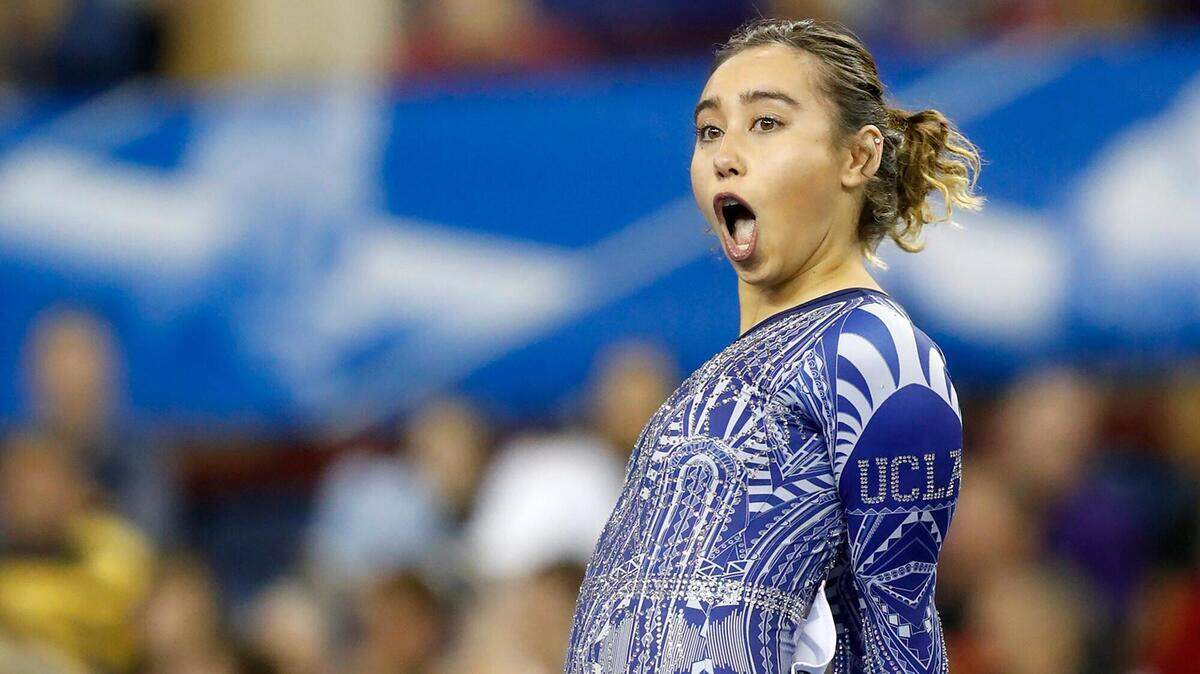 UCLA’s Katelyn Ohashi competes in the floor exercise during the 2019 WomenÕs National Collegiate Gymnastics Championships at