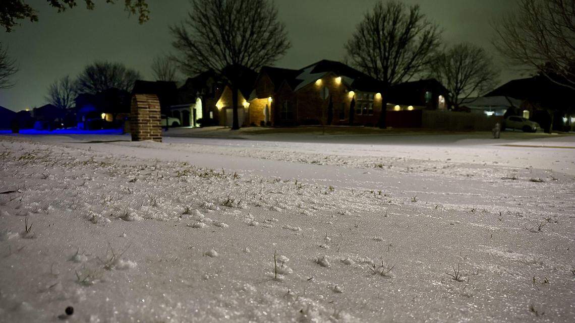 Two to three inches of icy hard snow and sleet blanket far north Fort Worth near Alliance on Sunday morning, Jan. 25, 2026.