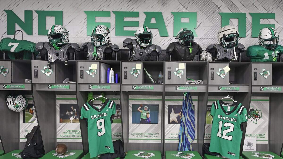 The locker room was ready for the next game in Dragon Field House at Carroll Senior High School in Southlake, Texas, Wednesday, Oct. 1, 2025.