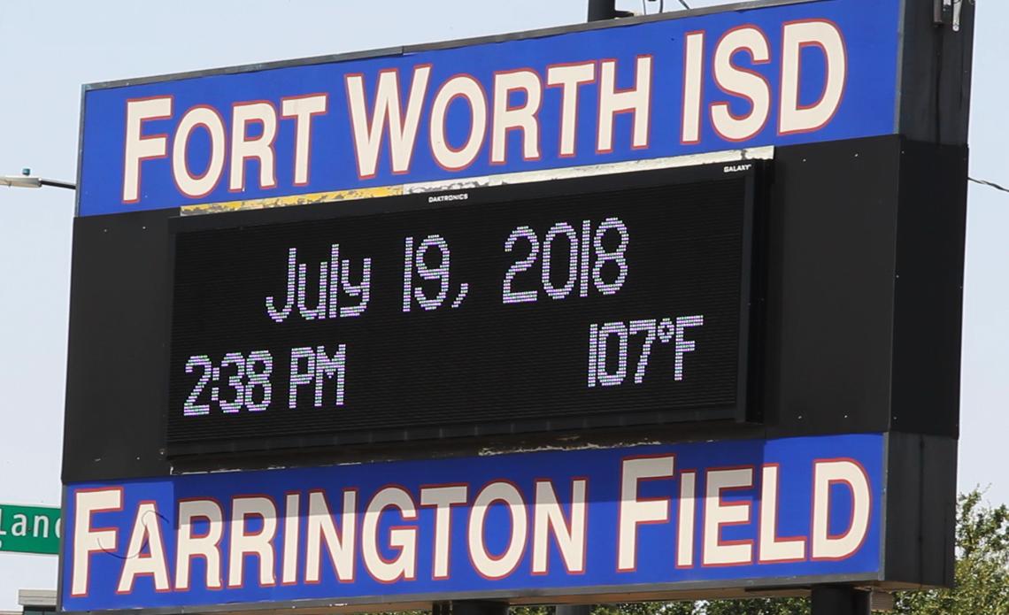 The Fort Worth ISD sign at Farrington Field read 107 degrees. Later on Thursday a new record of 108 degrees was set at Dallas-Fort Worth International Airport.