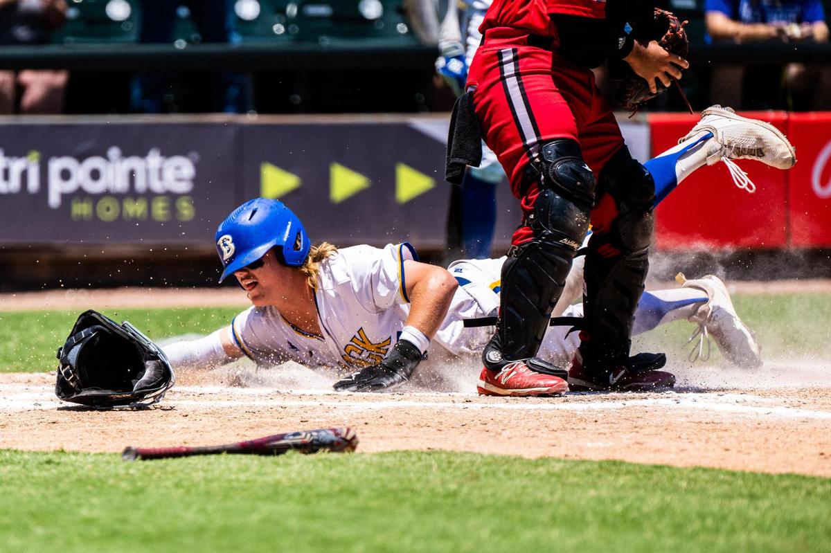 Peyton Shaffer slides home safely during the 3A UIL state semifinal between Brock and Diboll at Dell Diamond in Round Rock on June 10, 2022.