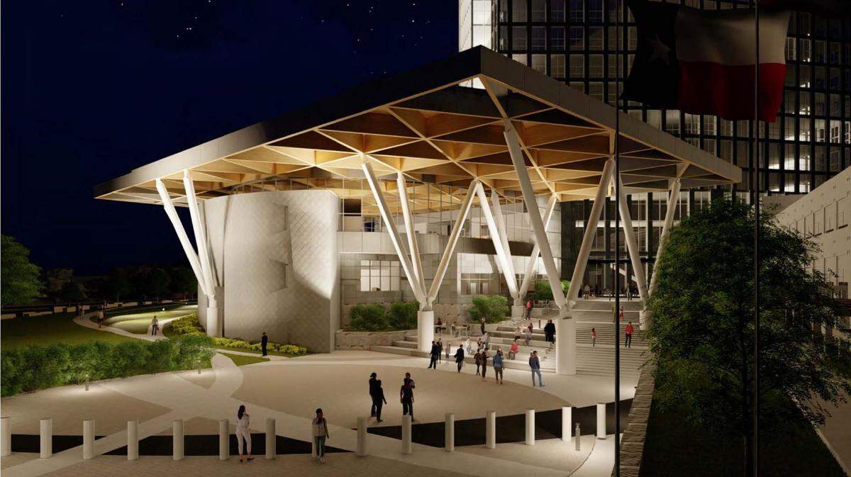 An view of the design for Fort Worth's new city hall building at night. 
